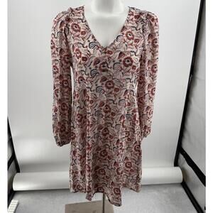 Banana Republic Floral Pattern V Neck Gathered Shoulders Long Sleeve Dress Small